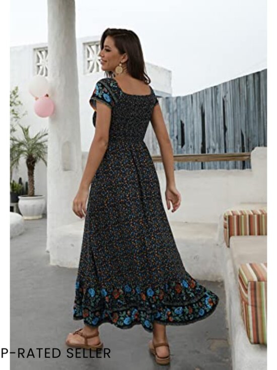 Boho Maxi Dress Flowy Tiered Smocked Bust Casual Summer Beach Party - Picture 5 of 7